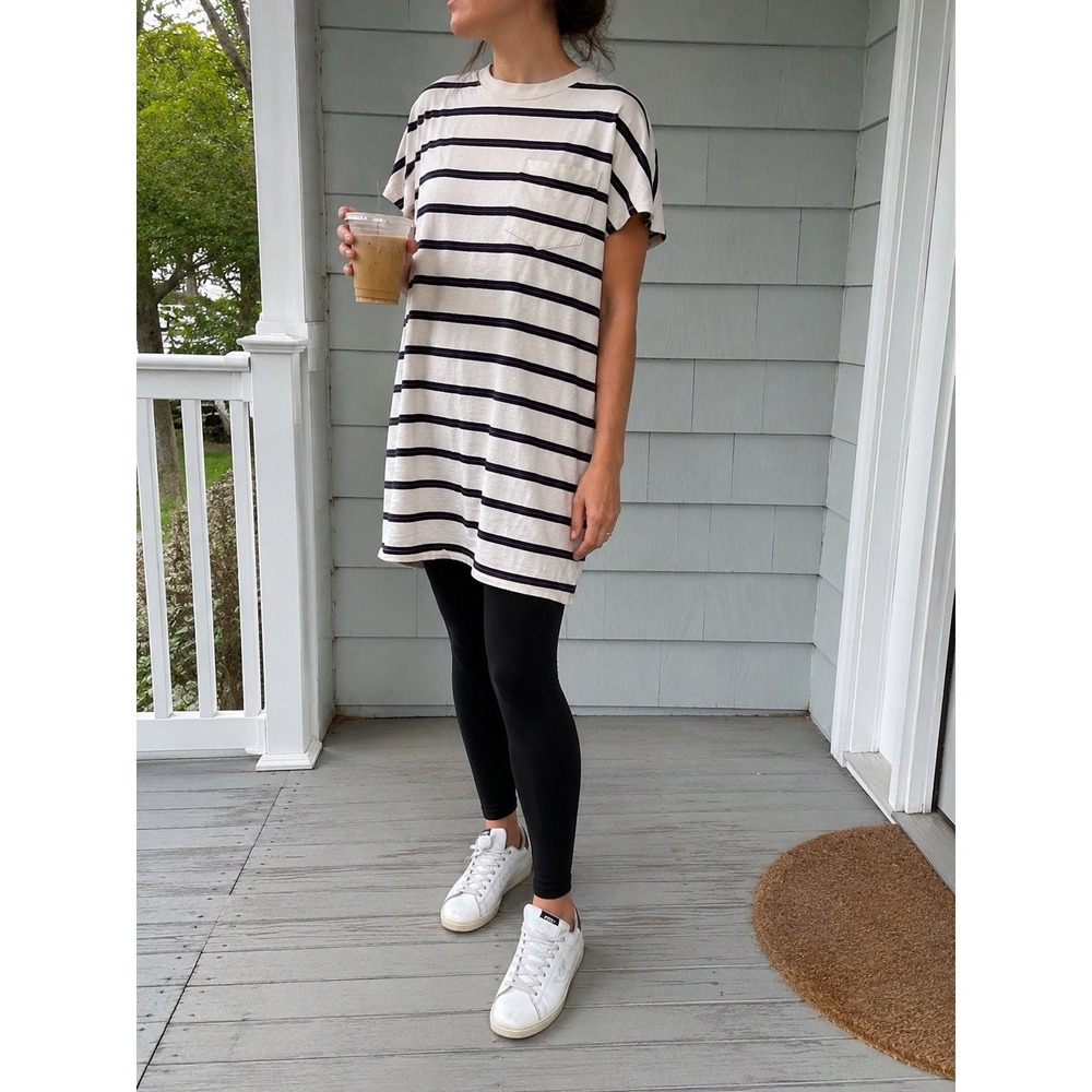 Madewell Striped T Shirt Dress Size L Navy Red Cream Pocket Cotton